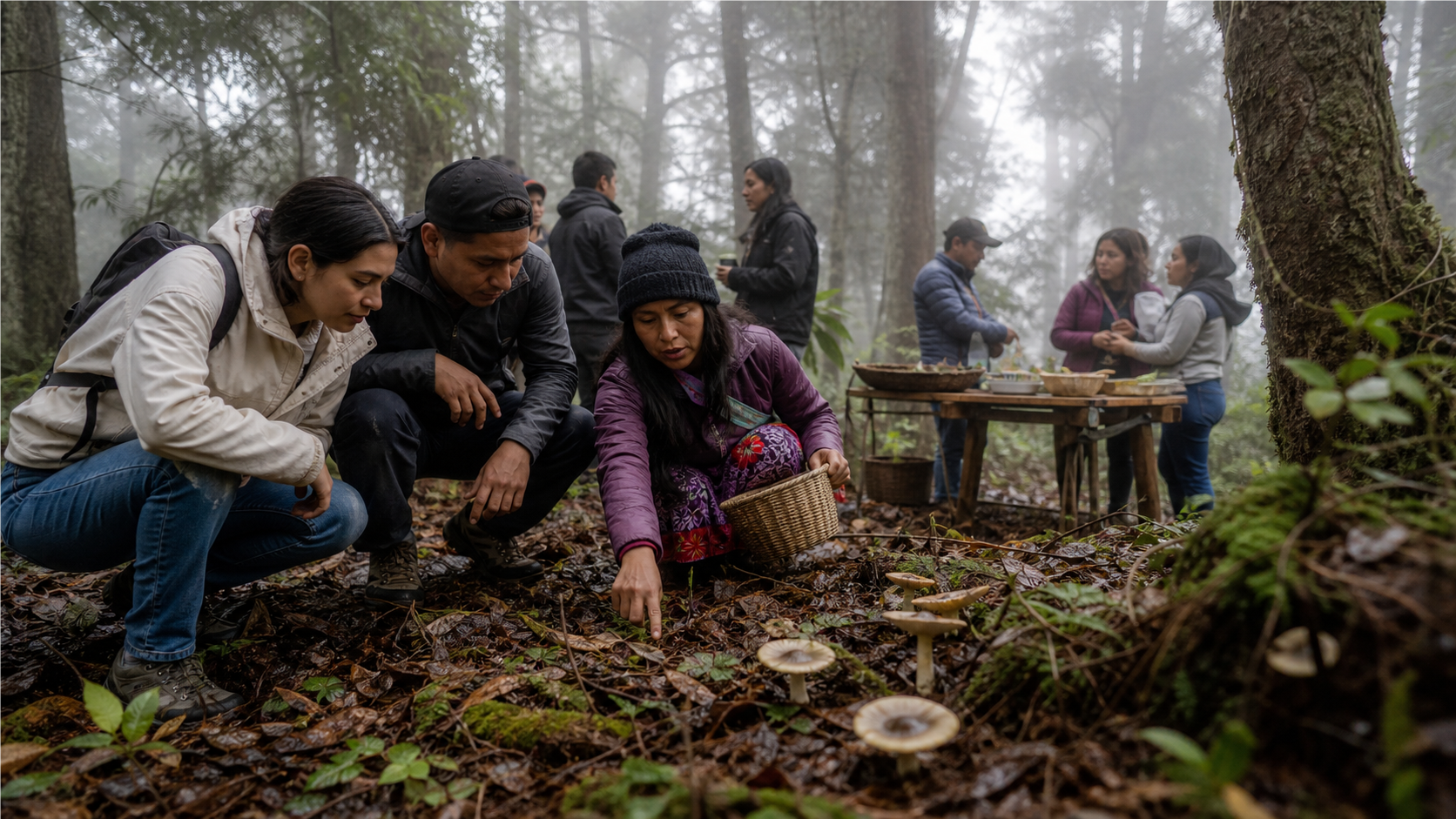 Guía comunitaria muestra hongos silvestres a visitantes en el bosque nublado de San José del Pacífico, Oaxaca.