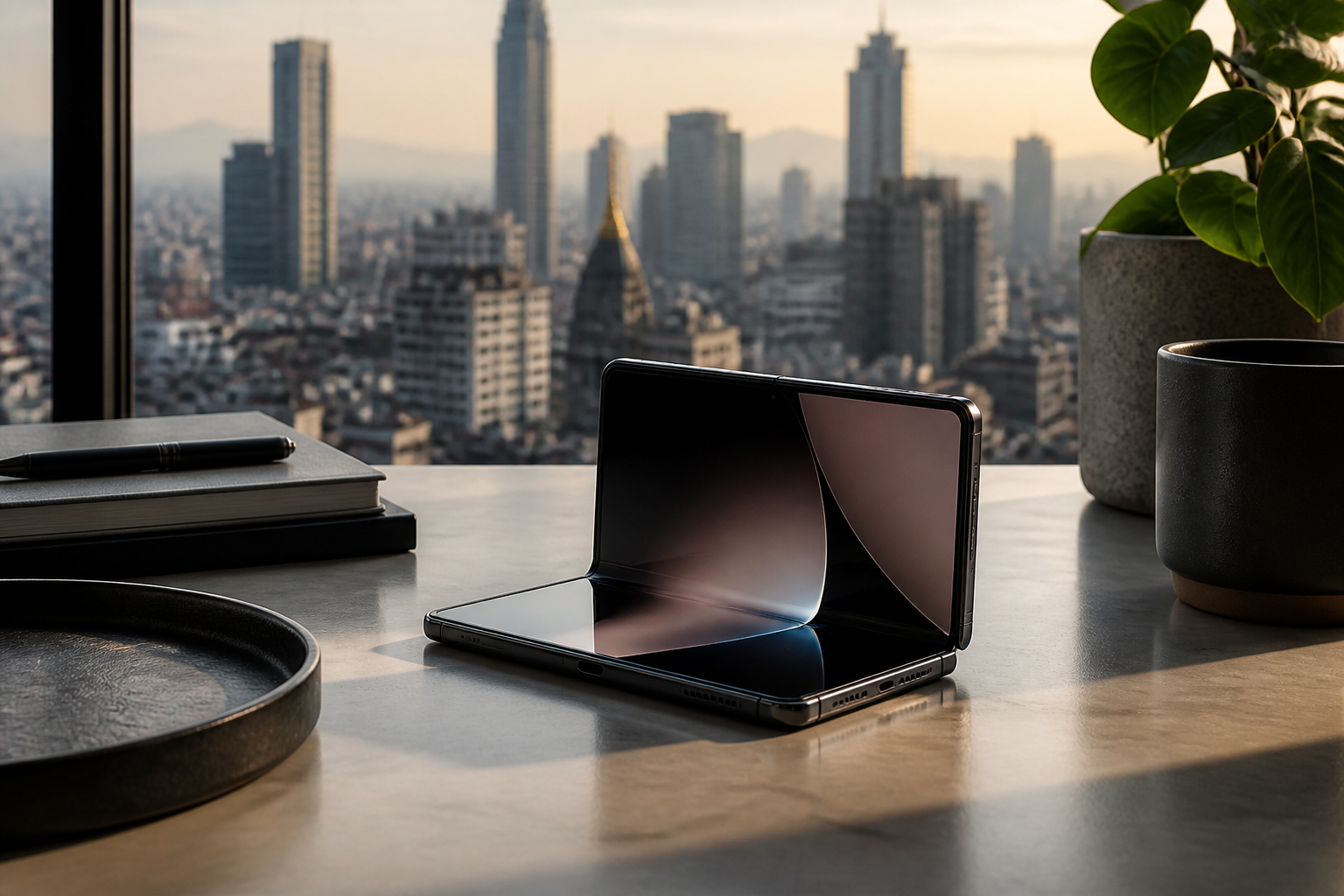 Gadget tecnológico plegable sobre un escritorio con paisaje urbano de la Ciudad de México