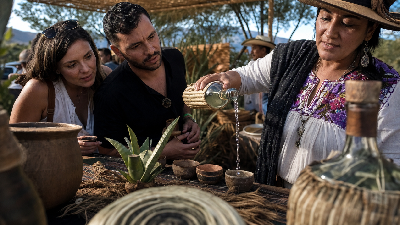 Productor vierte mezcal en una copita mientras visitantes observan la degustación en un festival al aire libre con agaves y artesanía regional.