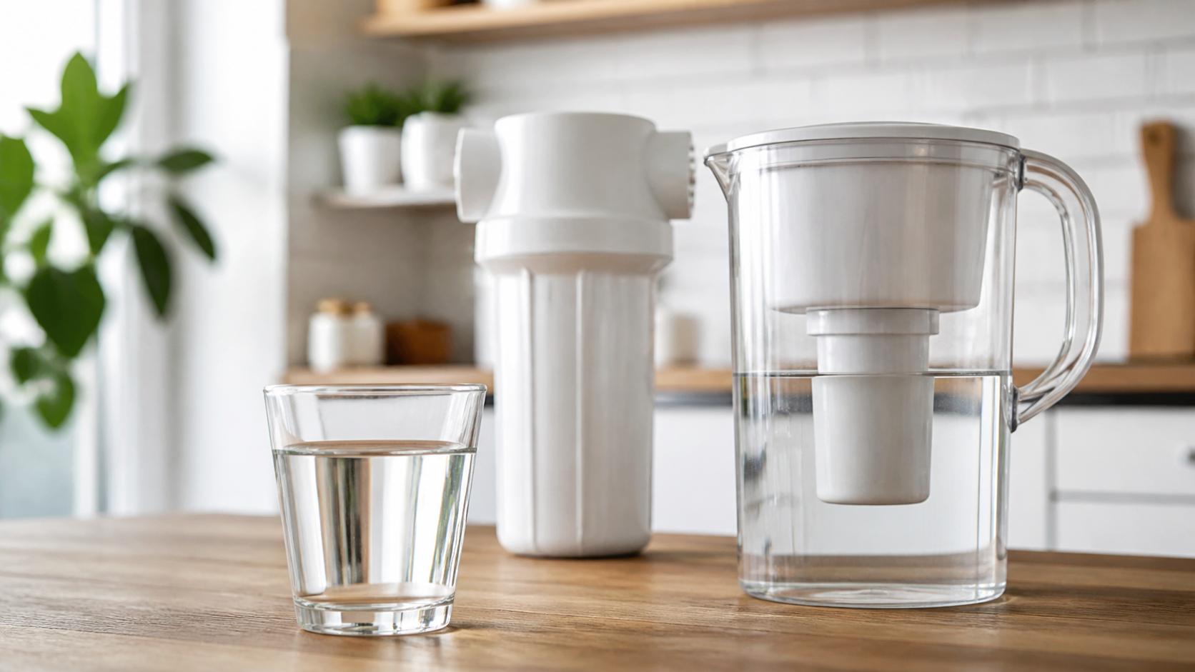 Vaso de agua y filtro doméstico sobre una encimera con representación abstracta de partículas microscópicas