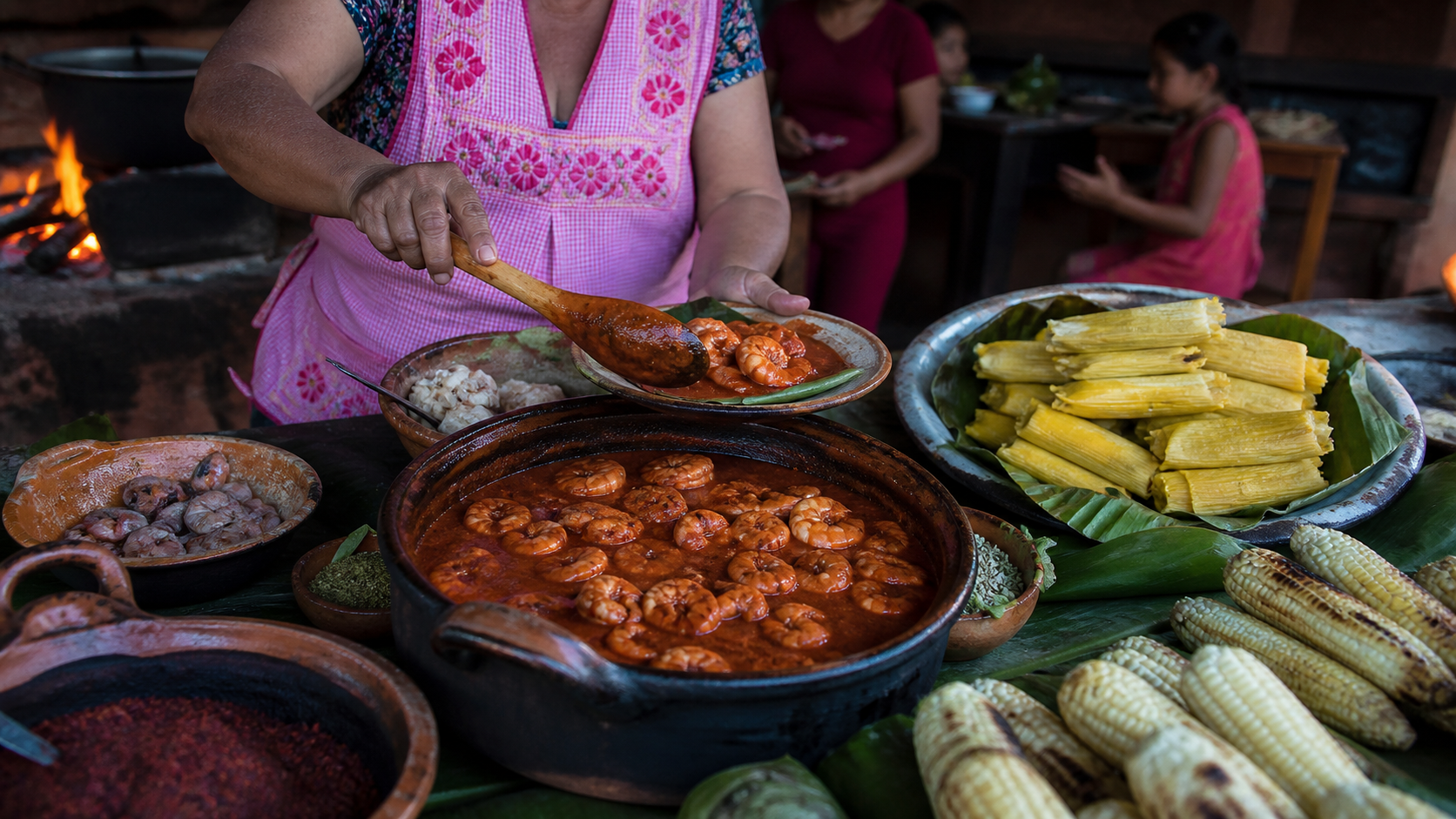 Mesa de cocina costeña oaxaqueña con mole de camarón, tamales, maíz y especias en cazuelas de barro.