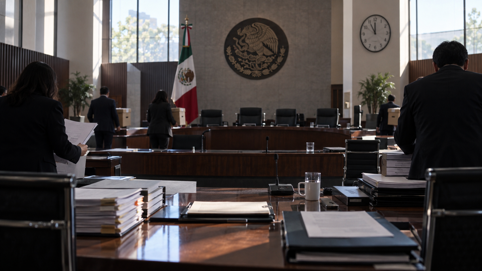 Sala de sesiones del INE durante un relevo administrativo, con expedientes y personal técnico en transición.
